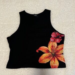 Cider Black Crop Top with Orange and Pink Floral Design, Size XL